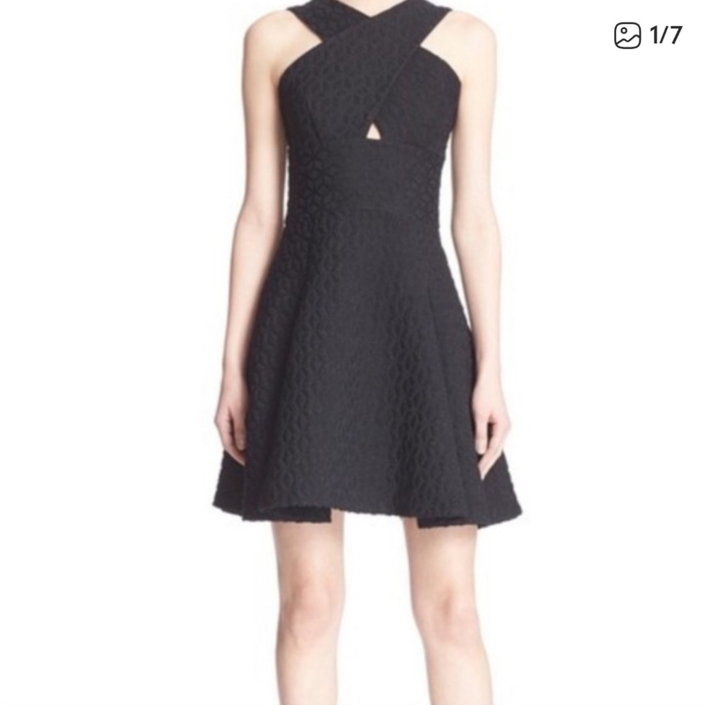 Hunter Bell Laura Fit and Flare Jaquard Coctail Dress w/Criss Cross Neckline. 0
